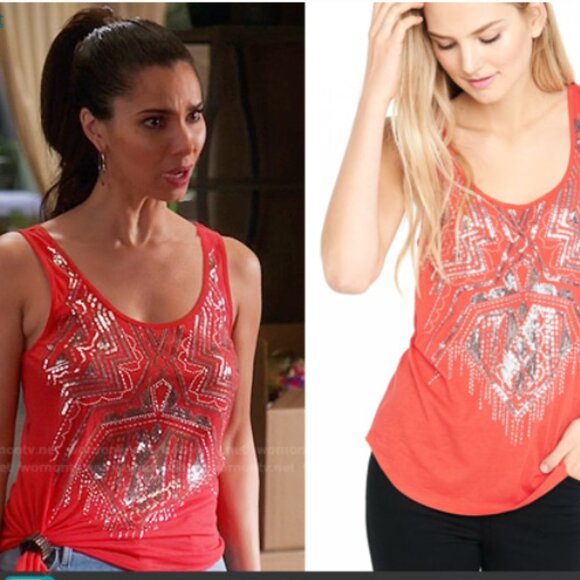 Express Embellished Silver Sequin Red Tank Top - Picture 1 of 15